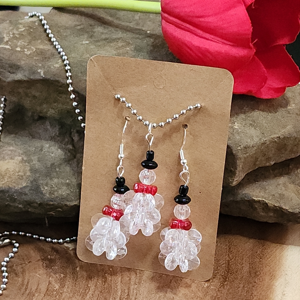 Snowman Jeweley Set With Ball Chain Necklace And Hook Earrings